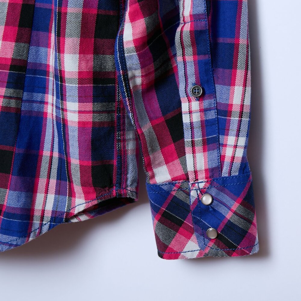 Diesel Plaid Pearl Snaps Long Sleeve Shirt Western Cowboy Men's Medium Pink Blue - Picture 5 of 8
